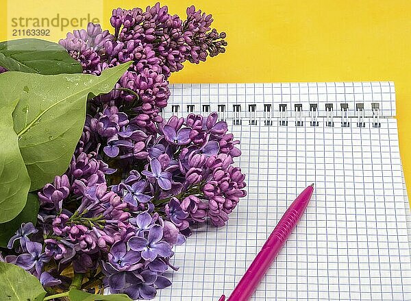 Notebook lilacs on yellow background. Spiral notebook and pen. Notepad with pen and flowers