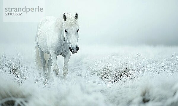 Ein weißes Pferd läuft durch ein Schneefeld. Das Bild hat eine heitere und friedliche Stimmung  da das Pferd das einzige Lebewesen in der Szene ist  das KI erzeugt  KI generiert