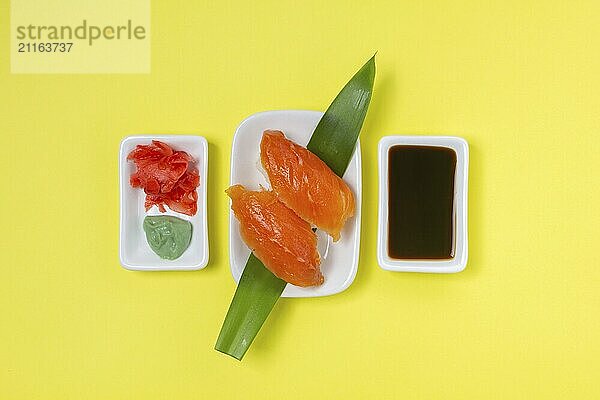 Food  Food  Sushi Set on yellow background. Top view