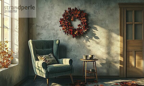 Cozy Scandinavian reading corner with a comfortable chair  small table with a cup of coffee  and an autumn wreath on the wall AI generated