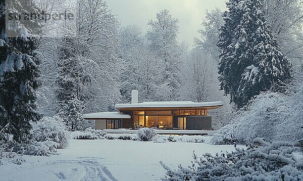 In einem verschneiten Wald steht ein Haus mit einem Schornstein. Das Haus ist von Bäumen umgeben und der Schnee türmt sich auf dem Boden. Die Szene ist friedlich und heiter  mit dem Schnee  der eine ruhige KI erzeugt  KI generiert