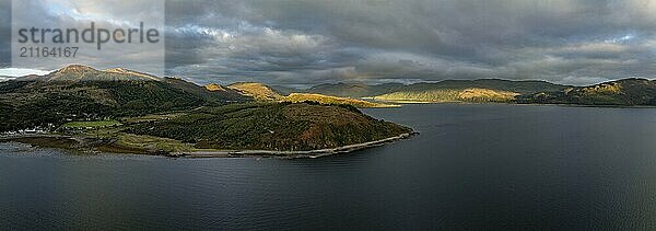 Evening mood at Loch Alsh with Tulach Ard hill  drone shot  Reraig  Kyle  Scotland  Great Britain