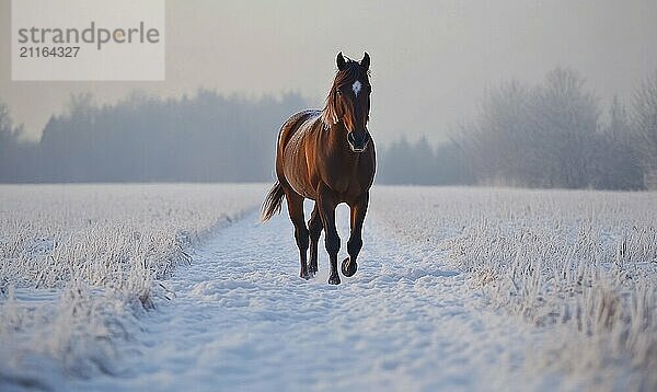 Ein Pferd rennt durch ein verschneites Feld. Konzept der Freiheit und Freude  wie das Pferd galoppiert durch den Schnee. Der weiße Schnee kontrastiert mit dem braunen Pferd  wodurch eine schöne und heitere Szene KI erzeugt  KI generiert