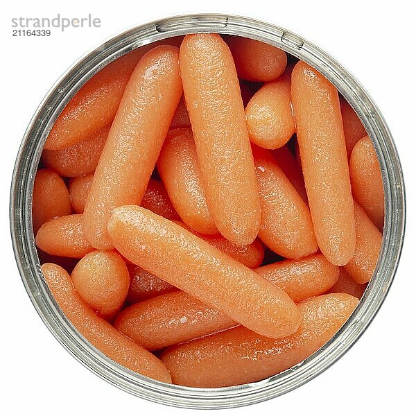 Flat lay view at opened tin can with carrots isolated on white background