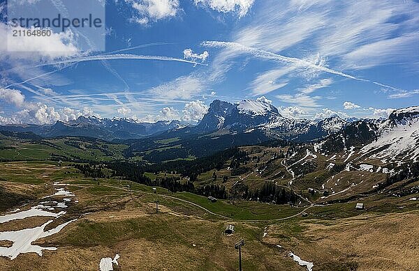 Panoramic view from the Seiser Alm to the Dolomites in Italy  drone shot