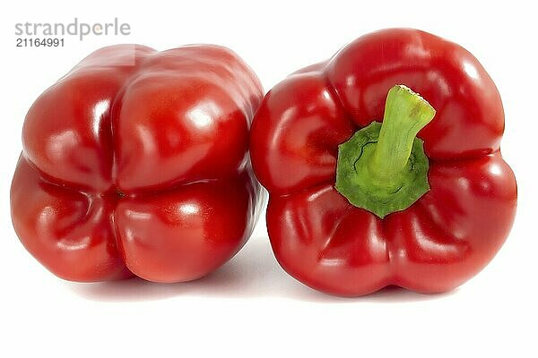 Two red sweet peppers isolated on white background. Paprika close-up