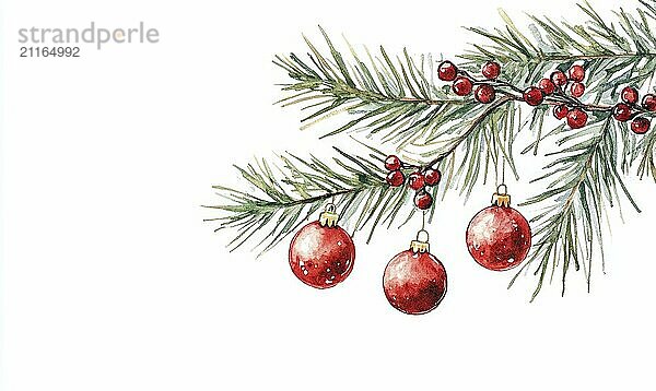 A Christmas tree with three red baubles hanging from it. The tree is surrounded by a white background AI generated