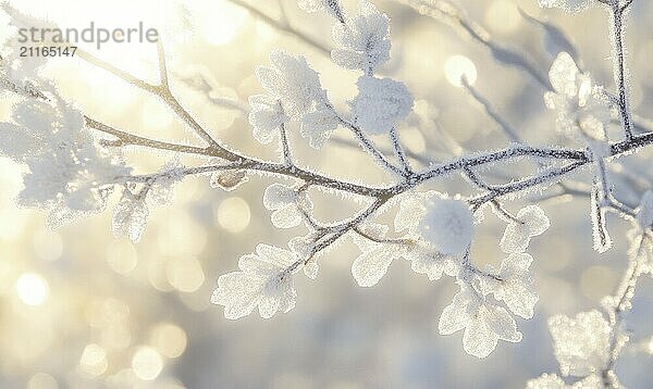 Ein mit Frost und Schnee bedeckter Zweig. Die Sonne scheint auf den Zweig und schafft eine schöne und heitere Szene AI erzeugt  KI generiert