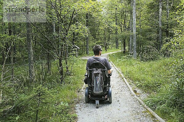 Happy man on wheelchair in nature. Exploring forest wilderness on an accessible dirt path