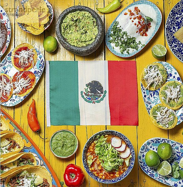 Food  Food  Mexican festive food for independence day independencia  around mexican flag. Top view  Yellow background