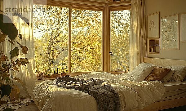 Warm Scandinavian bedroom  light wood bed  cozy blankets  large windows AI generated