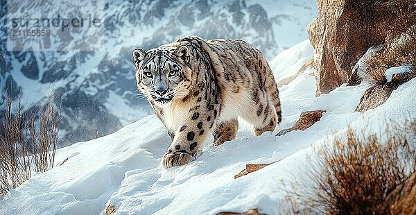 Ein Schneeleopard läuft auf einem verschneiten Berg. Konzept der Abenteuer und die Schönheit der Natur AI generiert  KI generiert