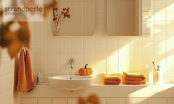 Scandinavian bathroom with autumn-colored towels and candles on the shelf AI generated