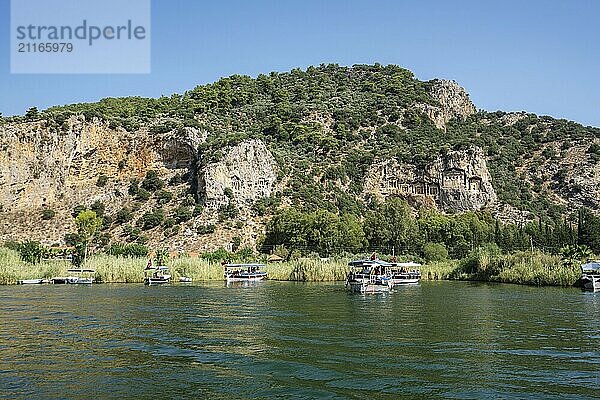 Boats docked to rocky shore beautiful Turkey landscape view