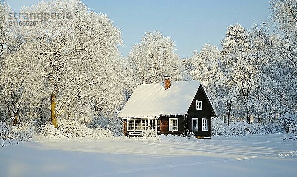 Ein kleines Haus mit einem Schornstein steht auf einem verschneiten Feld. Das Haus ist von Bäumen umgeben und der Schnee ist um es herum aufgetürmt. Die Szene ist friedlich und heiter  mit dem Schnee  der den Boden bedeckt KI erzeugt  KI generiert