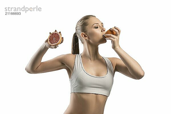 Beautiful fitness trainer biting a grapefriut cropped isolated view on white background