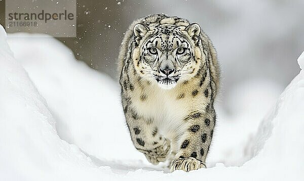 Ein Schneeleopard läuft durch den Schnee. Konzept der Stärke und Macht  wie die große Katze bewegt sich selbstbewusst durch die weiße Landschaft KI erzeugt  KI generiert