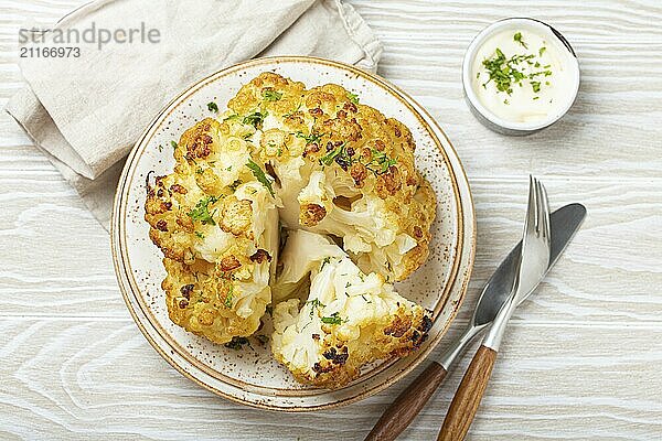 Ganze gebratene Blumenkohlkopf mit Olivenöl auf Teller auf weißem Holz rustikalen Tisch oben Ansicht mit Besteck. Vegetarisches Gericht  Foodfotografie