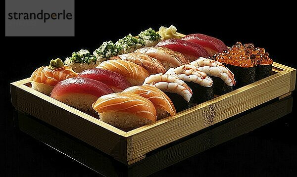 A tray of assorted sushi is displayed on a black background. The sushi is arranged in a wooden tray  with a variety of different types of sushi  including some with avocado and others with shrimp AI generated