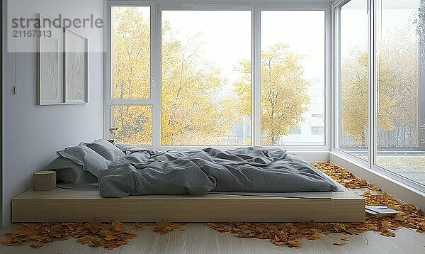 Minimalist Scandinavian bedroom with soft gray bedding  large windows and golden autumn leaves AI generated