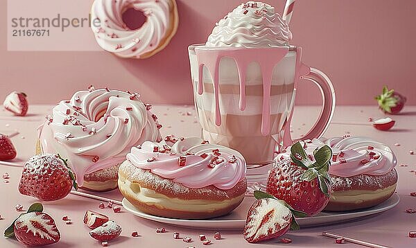 An image of strawberry shortcake donuts on a light pink background AI generated