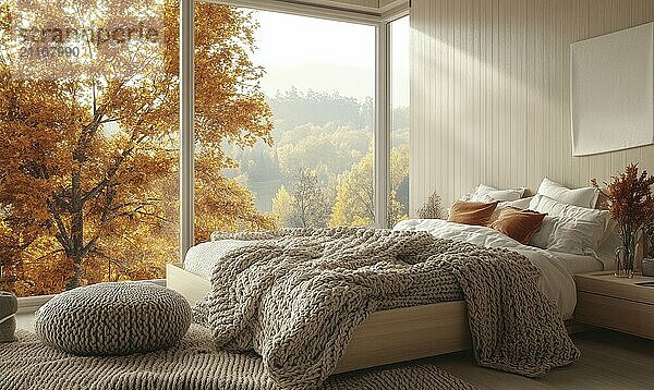 Warm Scandinavian bedroom  light wood bed  cozy blankets  large windows AI generated