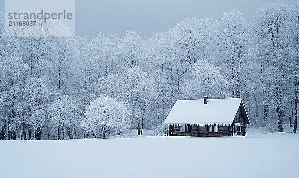 Eine kleine Hütte ist von Bäumen umgeben  die mit Schnee bedeckt sind. Die Hütte ist das einzige sichtbare Bauwerk auf dem Bild. Die Szene ist friedlich und heiter  mit den schneebedeckten Bäumen KI erzeugt  KI generiert