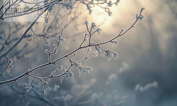 Ein mit Frost und Schnee bedeckter Zweig. Der Zweig ist kahl und hat keine Blätter. Das Bild hat eine heitere und friedliche Stimmung  wie der Frost und Schnee schaffen eine ruhige und stille Atmosphäre AI erzeugt  KI generiert