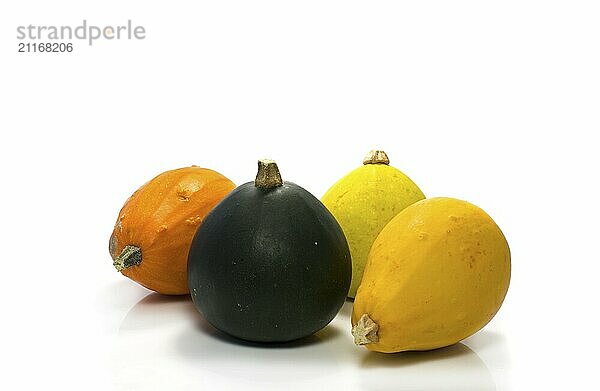 Green orange and yellow pumpkin over white background