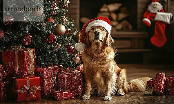 Ein Hund mit einer Weihnachtsmannmütze sitzt vor einem Weihnachtsbaum. Die Szene ist festlich und fröhlich  wobei der Hund zum Baum hinaufschaut  als ob er ein Weihnachtsgeschenk KI erzeugt hätte  KI generiert