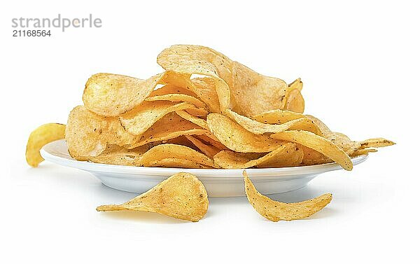 Plate with potato chips isolated on a white background