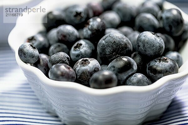 Blueberries in a small white bowl on a light blue background  close up