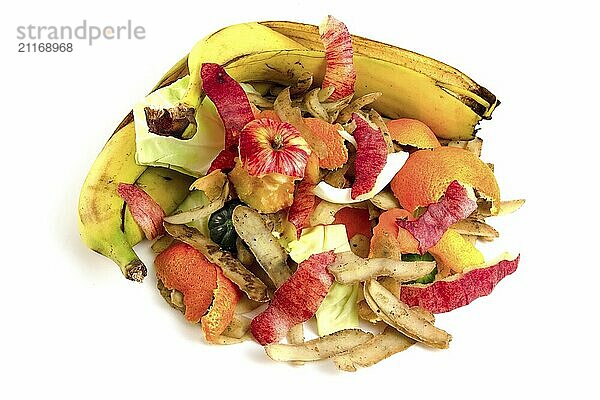 Pile of different organic waste isolated on white background. Waste vegetables and fruits for compost