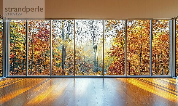 Bright space  floor-to-ceiling window  view of misty autumn woods outside  colorful foliage AI generated