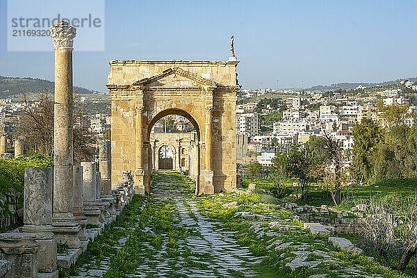 Northern gate of the roman ruins site at Gerasa  Jerash  Jordan. Travel and tourism in Jordan