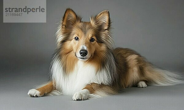 A Shetland Sheepdog captured in a studio with a simple gray background AI generated