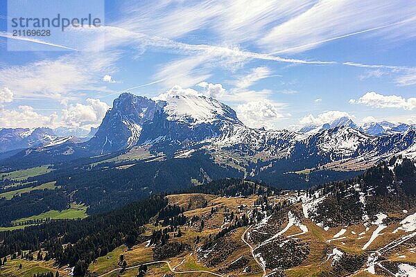 Panoramic view from the Seiser Alm to the Dolomites in Italy  drone shot