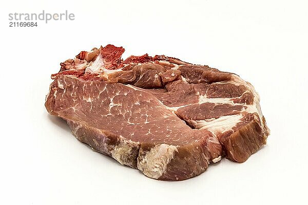 Slices of raw pork isolated on white background. Top view. Flattening