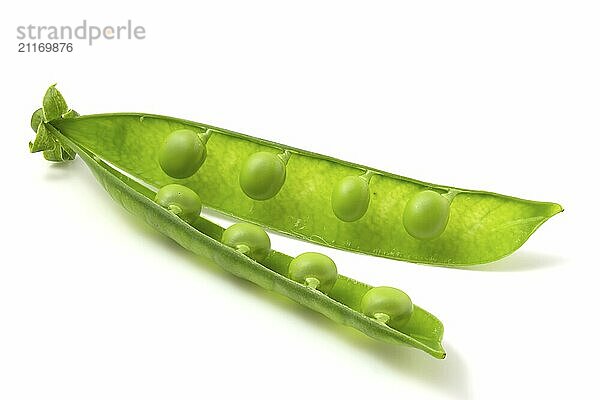 Opened young peas  sweet and tasty  isolated on white background