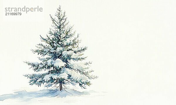 A snow covered pine tree stands alone in a white background. Concept of solitude and tranquility  as the tree stands tall and proud despite the harsh winter conditions AI generated