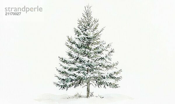 A white background with a single tree in the foreground. The tree is covered in snow and he is bare AI generated