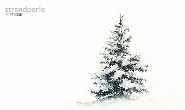 A white background with a single tree in the foreground. The tree is covered in snow and he is bare. Concept of solitude and quietness  as the tree stands alone in the snow AI generated