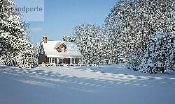 Ein kleines Haus mit einem Schornstein steht auf einem schneebedeckten Feld. Das Haus ist von Bäumen umgeben und der Schnee ist auf dem Boden aufgetürmt. Die Szene ist friedlich und heiter  mit dem Schnee  der eine ruhige AI erzeugt  KI generiert