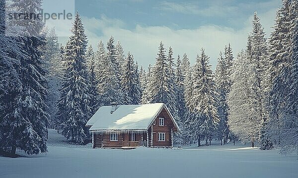 Eine kleine Hütte im Wald ist mit Schnee bedeckt. Die Hütte ist von Bäumen umgeben und der Himmel ist klar. Die Szene ist friedlich und heiter  mit dem schneebedeckten Boden KI erzeugt  KI generiert