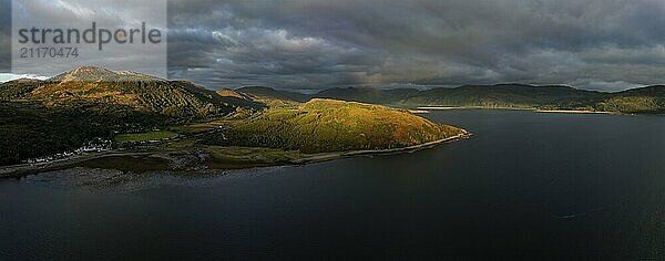 Evening mood at Loch Alsh with Tulach Ard hill  drone shot  Reraig  Kyle  Scotland  Great Britain