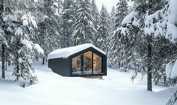 Eine kleine Hütte ist von Bäumen umgeben  die mit Schnee bedeckt sind. Die Hütte ist aus Holz gebaut und hat ein schräges Dach. Der Schnee auf den Bäumen und der Hütte schafft eine friedliche und heitere Atmosphäre  die KI erzeugt  KI generiert