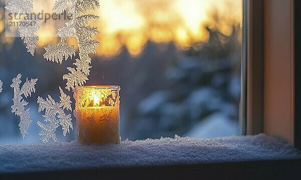 Eine Kerze wird in einem Glasgefäß auf einer Fensterbank angezündet. Die Kerze ist von Schnee umgeben und das Fenster ist mattiert. Die Szene ist heiter und friedlich  mit der Kerze  die eine warme und gemütliche Atmosphäre erzeugt AI  KI generiert