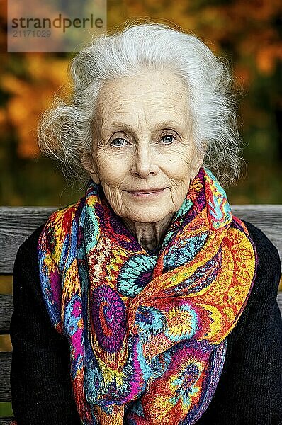 Elderly woman with colourful scarf sits relaxed in autumnal surroundings  generated with AI  AI generated