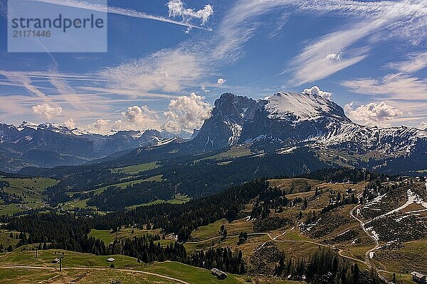 Panoramic view from the Seiser Alm to the Dolomites in Italy  drone shot