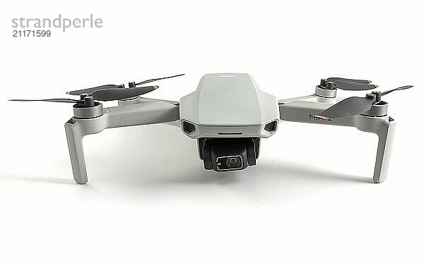 DJI Mini 2 drone isolated on white background. Vinnytsia  Ukraine  03.01.2022  Europe